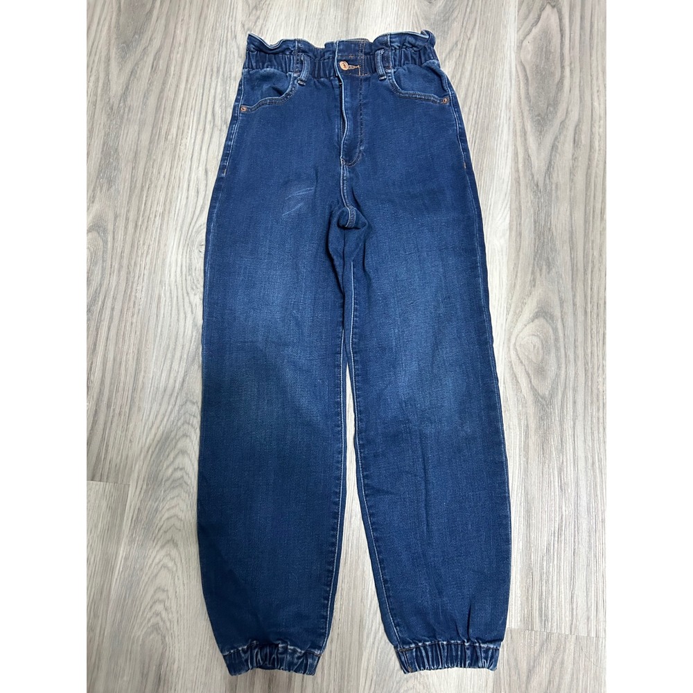 Express Super High Rise Paperbag Waist Denim Joggers Dark Wash 4 scratched